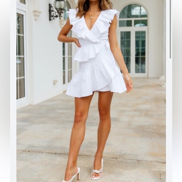 Hello Molly Jackets & Blazers - Hello Molly Tier ruffle plunging v neck mini wrap dress white ivory women’s smal